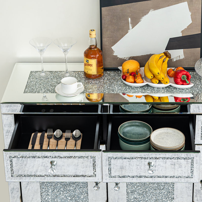 DeGrailly 53.15" Mirrored Glass Sideboard with 3 Drawers 3 Doors