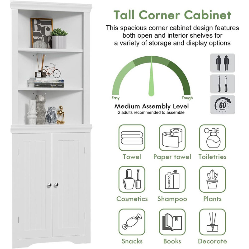 Armoire de coin avec portes, couleur blanc chaud, tablette réglable, armoire d'angle en bois pour le salon