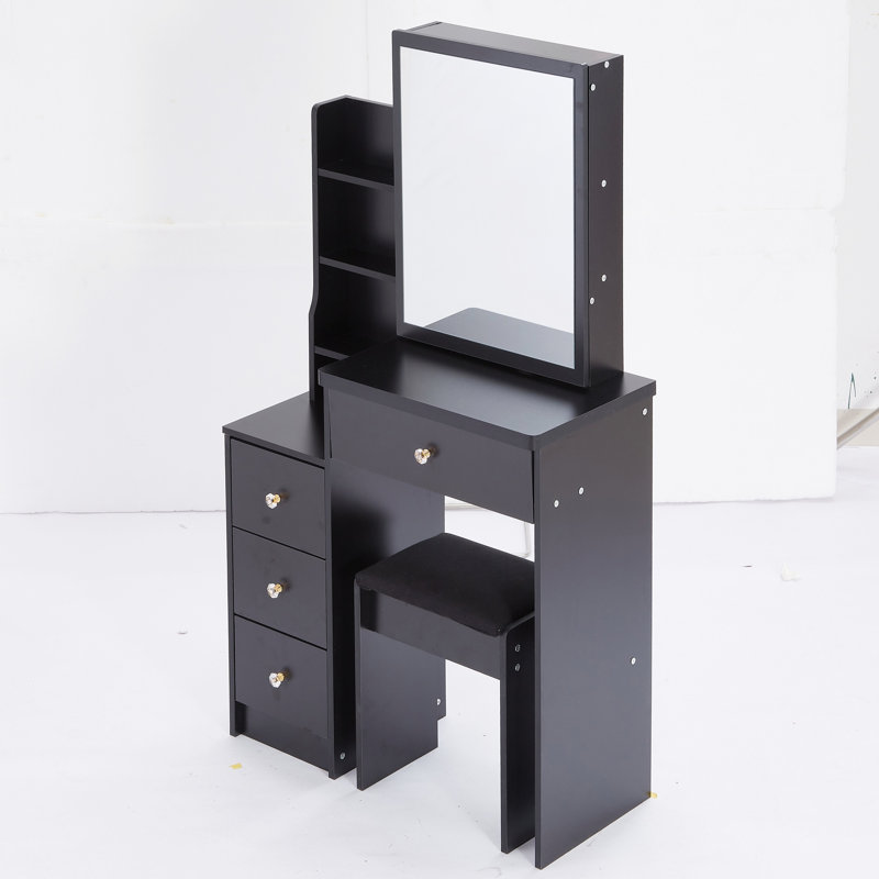 29.2" Small Space Left Bedside Cabinet Vanity Table + Cushioned Stool, Extra Large Right Sliding Mirror, Multi Layer High Capacity Storage, Practical Fashionable Dresser