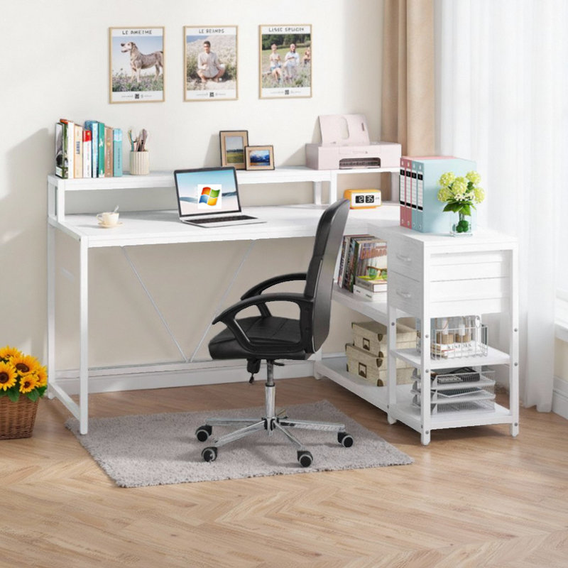 55" L-Shaped Desk - Space-Saving Corner Workstation, White