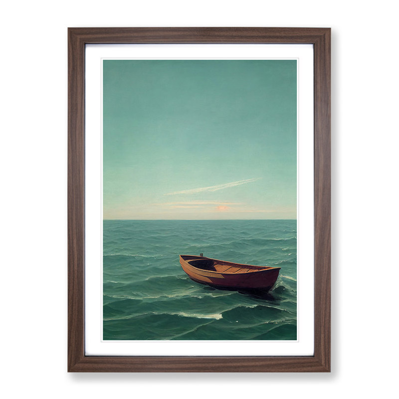 Vacant Boat On The Sea - Single Picture Frame Painting, 34cm H x 25cm W x 2cm D, Walnut