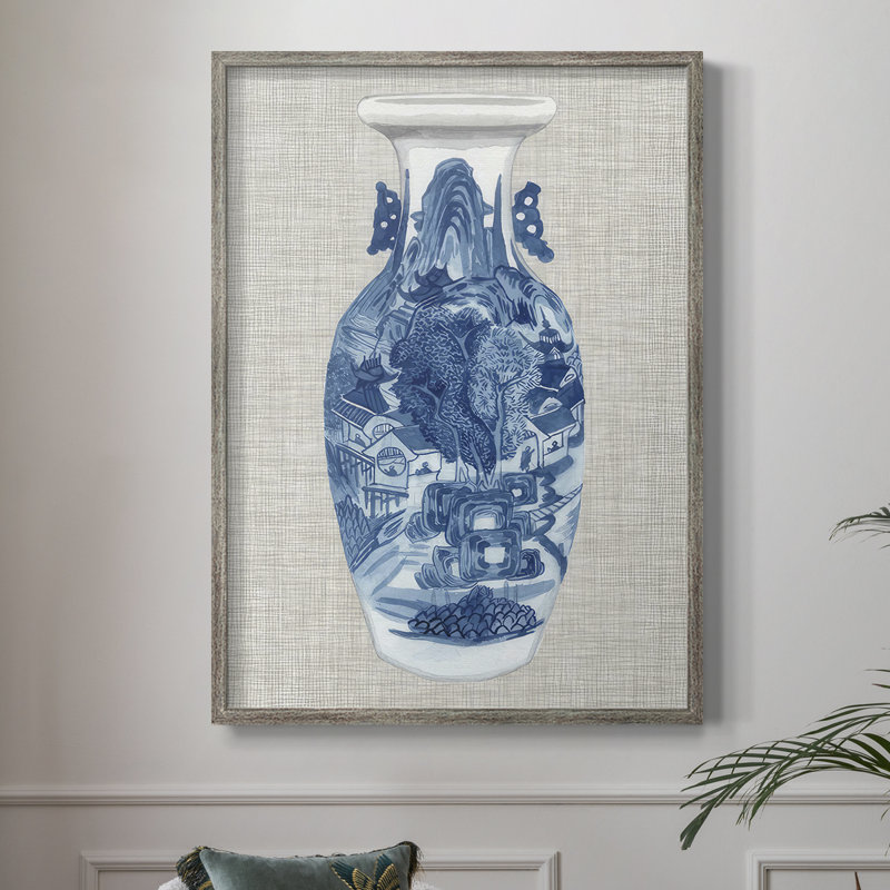 «Ming Vase on Linen I», reproduction encadrée - bois massif, H 15 po x l 12 po
