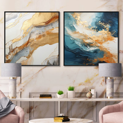 Minimalism Beige And Gold Wave Horizon IV - Abstract Collages Square Collage Set Of 2