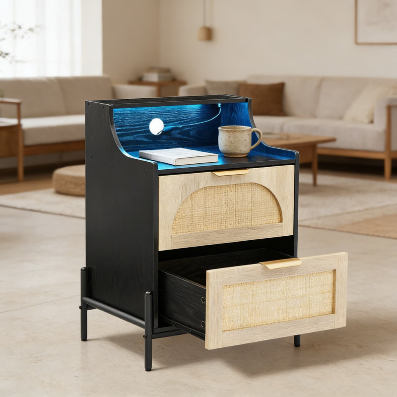 Table de chevet moderne en rotin avec lumières DEL, 2 tiroirs et station de charge | Table de chevet élégante pour la chambre à coucher, le salon et les petits espaces
