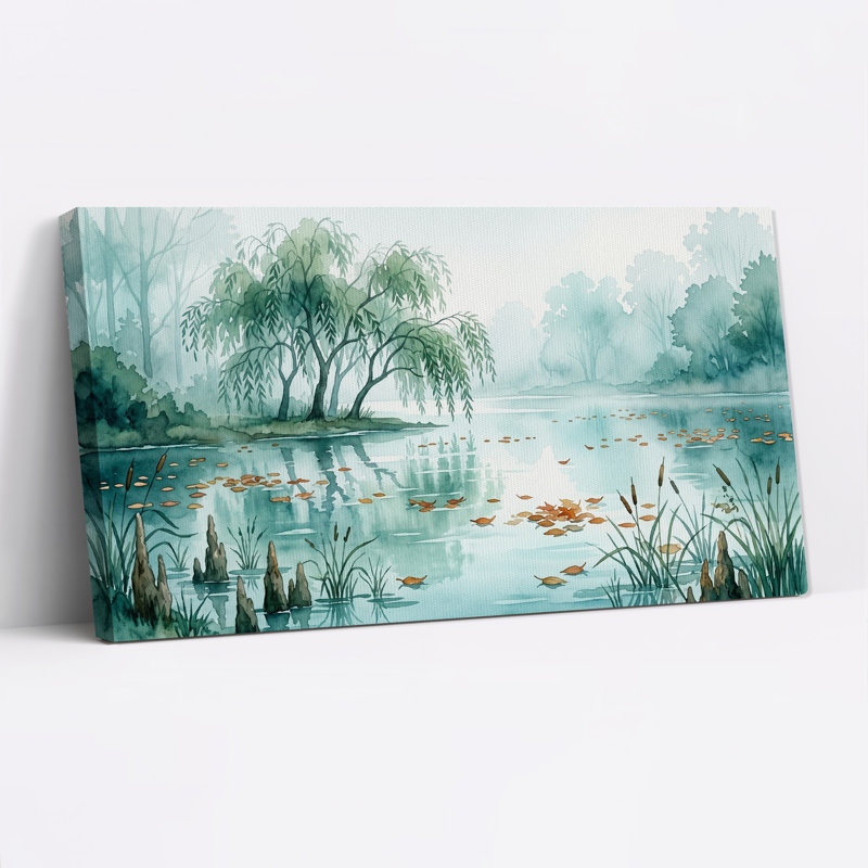 Tableau sur toile aquarelle représentant un saule pleureur sur un étang turquoise, 40“W x 20”H