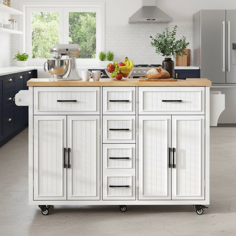 White Embossed Striped Island Counter With Wheels, Folding Tabletop, Power Outlet, 4 Doors, 5 Deep Drawers, Adjustable Shelves, Suitable For Kitchen And Dining Room.