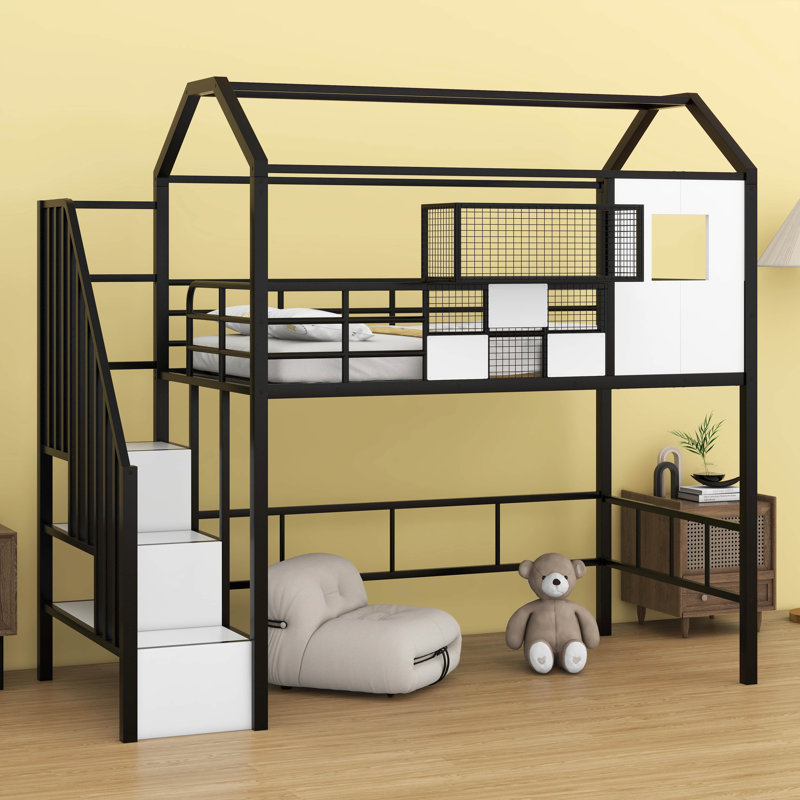 Metal Twin Size Loft Bed Frame With A Storage Box And Stairs, Black