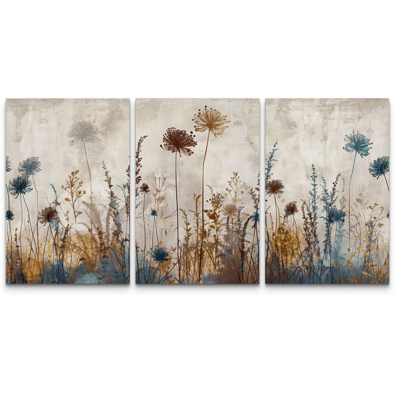 Vibrant Wildflower "Rustic Wildflowers Floral Artwork, Neutral Botanical Living Room Wall Pictures, 3 Pieces Framed Canvas Digital Giclee Print Wall Art"