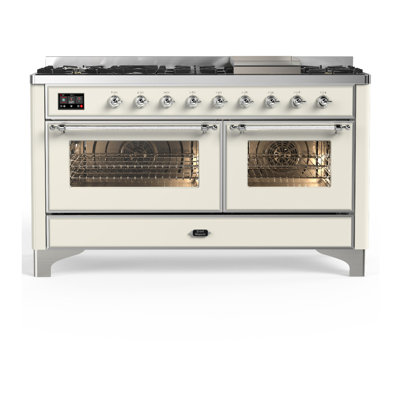 Majestic III Series 60 Inch Dual Fuel Range with 7 Sealed Burners, Griddle, in Antique White (Natural Gas, Chrome Trim)