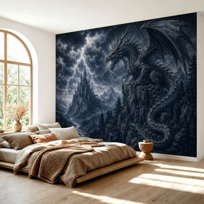 Wall Mural Peel and Stick Wallpaper Electric Storm Dragon Crag Gothic Woodcut Self-Adhesive Removable Contact Paper Wall Decor for Living Room Bedroom 69"H x 96"W