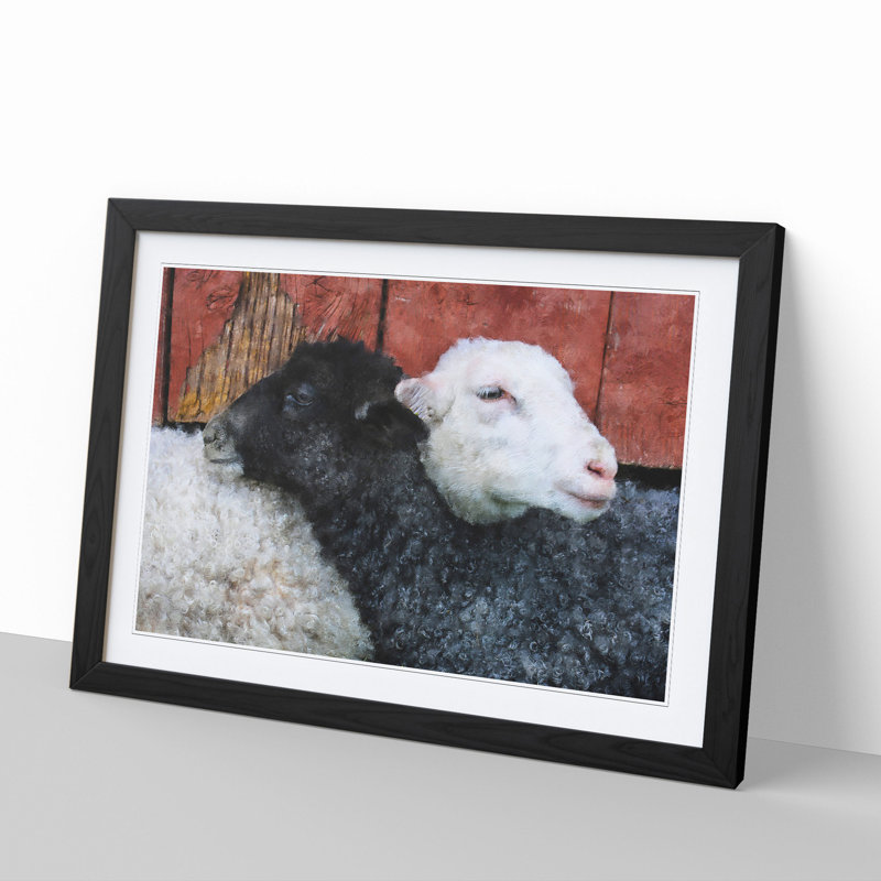 Black and White Sheep - Picture Frame Painting, Black Framed, 27cm H x 36cm W x 2cm D
