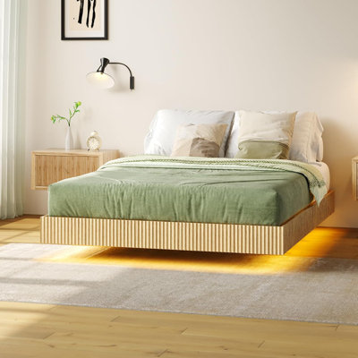 Natural Floating Bed Frame With Led Lights, Modern Fluted Oak Platform Bed Frame Floating, Heavy Duty Metal Slats, No Box Spring Required