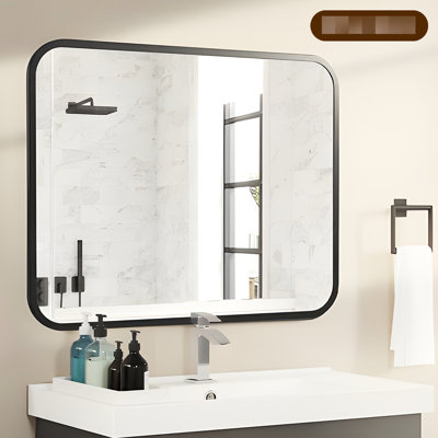 Black 40"32" Bathroom Over Sink Mirror - Rectangle Vanity With Round Corner For Bedroom Shatterproof, Rust Coating, Reflection, Easy Install Observations Rounded Shatter-, Rust- Effortless Process