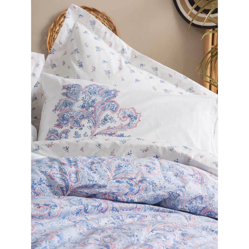 Ranforce Single XXL Quilt Cover Set, 100% Cotton, 61 x 87, Includes 31.5 x 31.5 Pillowcase | Machine Washable, 145 Thread Count, Button Closure | Stylish White, Blue & Orange Design for Cozy Bedrooms