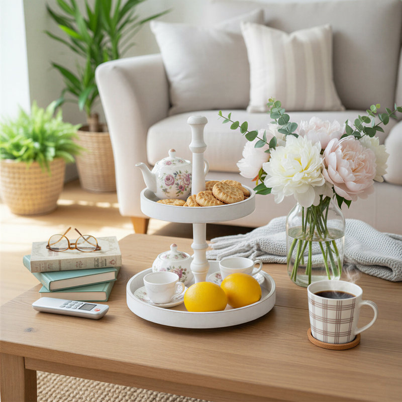 Round 2 Tier White Wooden Tray Stand