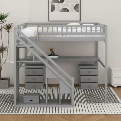 Lit mezzanine double avec tiroirs, bureau et bande lumineuse