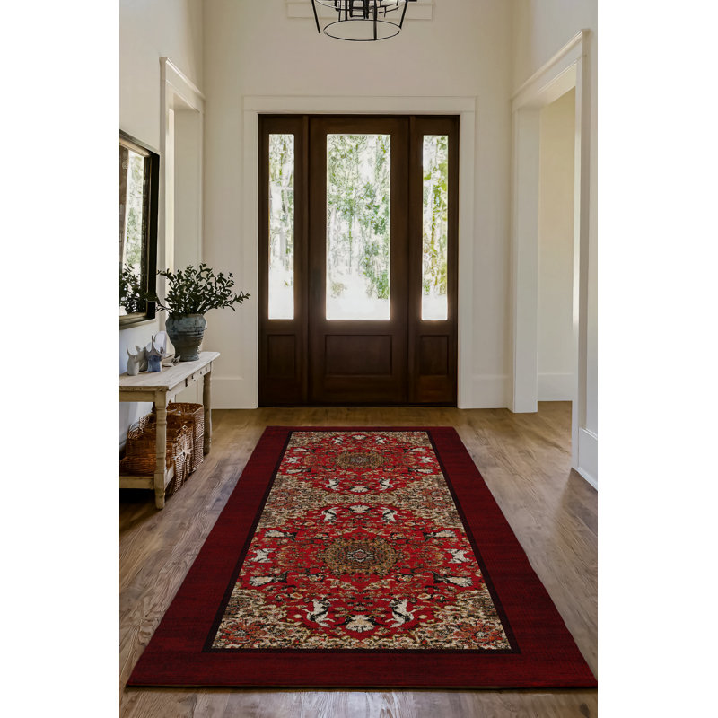Guria Red/Burgundy Oriental Machine Printed Cotton Chenille Area Rug, Runner 4' x 14'10"