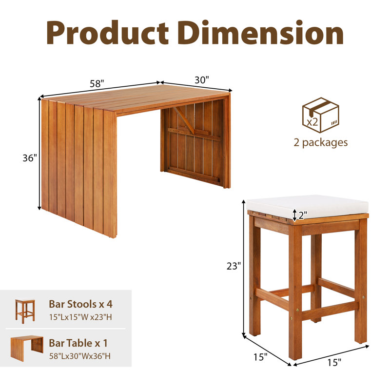 Ensemble de salle à manger 5 pièces pour patio en bois massif avec 1 table de bar et 4 tabourets, ensemble de bar extérieur pour la cour, le bord de la piscine et le balcon