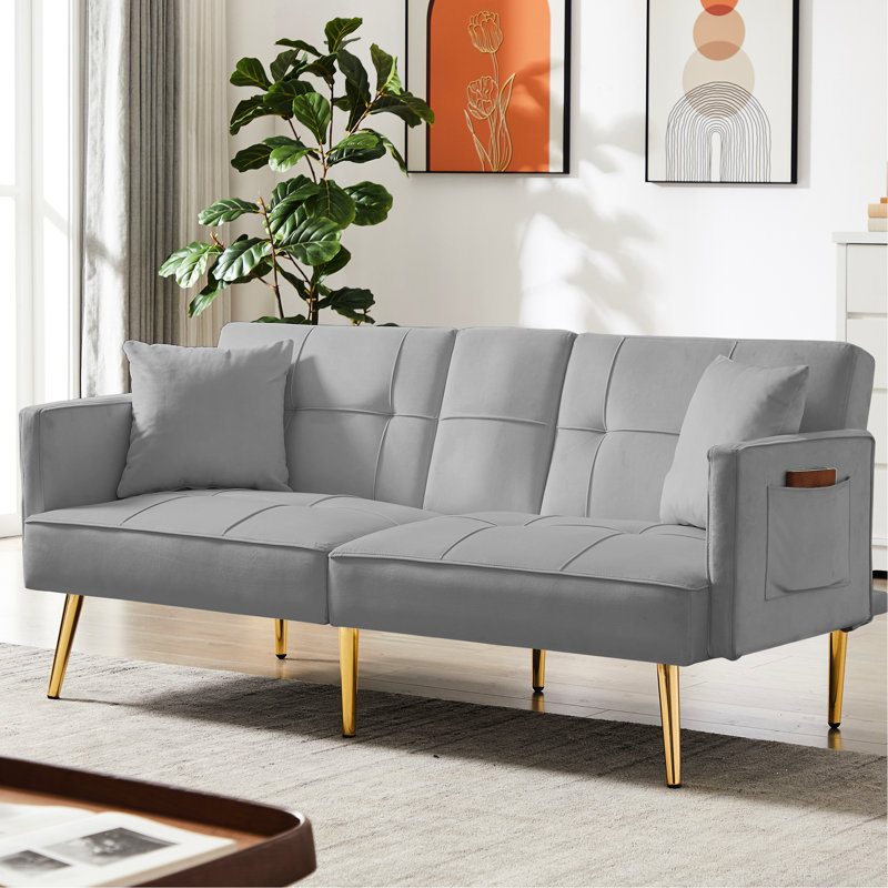Futon en velours gris avec pieds dorés, 3 positions réglables pour une utilisation multifonctionnelle, 2 accessoires de poches latérales, porte-gobelet pliable, rembourrage en mousse moelleuse, siège à ressort sinueux, lit en métal de style classique