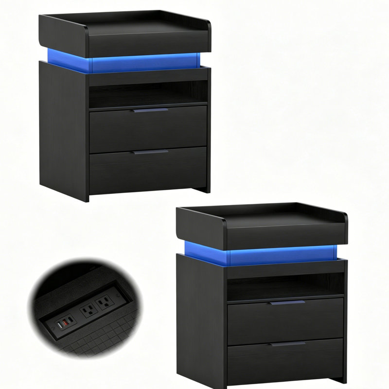 2-Pack Multi-functional Nightstand with Smart RGB LED Ambient Light, App & Music Sync, Fast Charging Stations (AC+USB+Type-C), and Hidden Gun Storage – Black