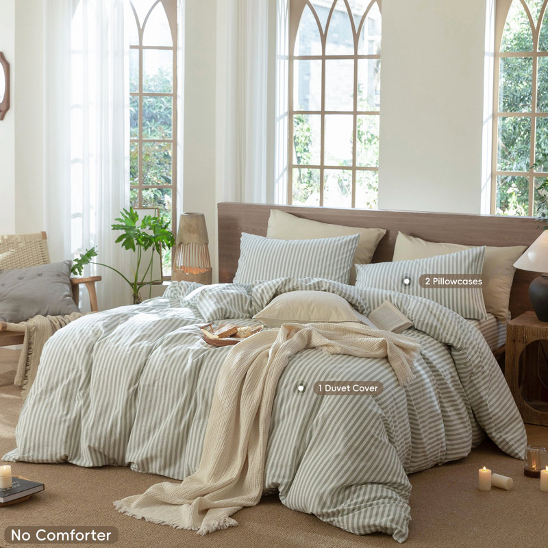 MooMee Striped Duvet Cover Set 100% Washed Cotton Linen Like Textured, Classic Stripes - Sage Green/White