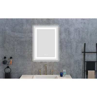Miroir de meuble-lavabo mural 20 "x 28" à DEL avec façade et rétroéclairage, 3 couleurs, gradation continue, brouillard, cadre en aluminium, fonction brouillard, monté,