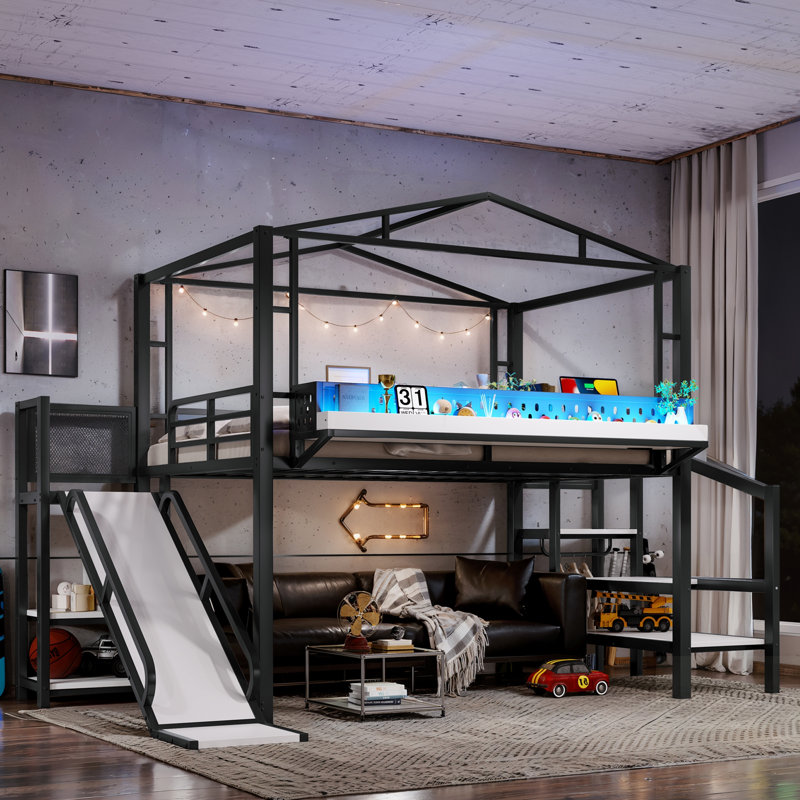 Loft Bed With Storage Stairs, Shelves, And Built-In Wardrobe, Metal Frame With USB Ports And LED Lights, Noise-Reduced Design