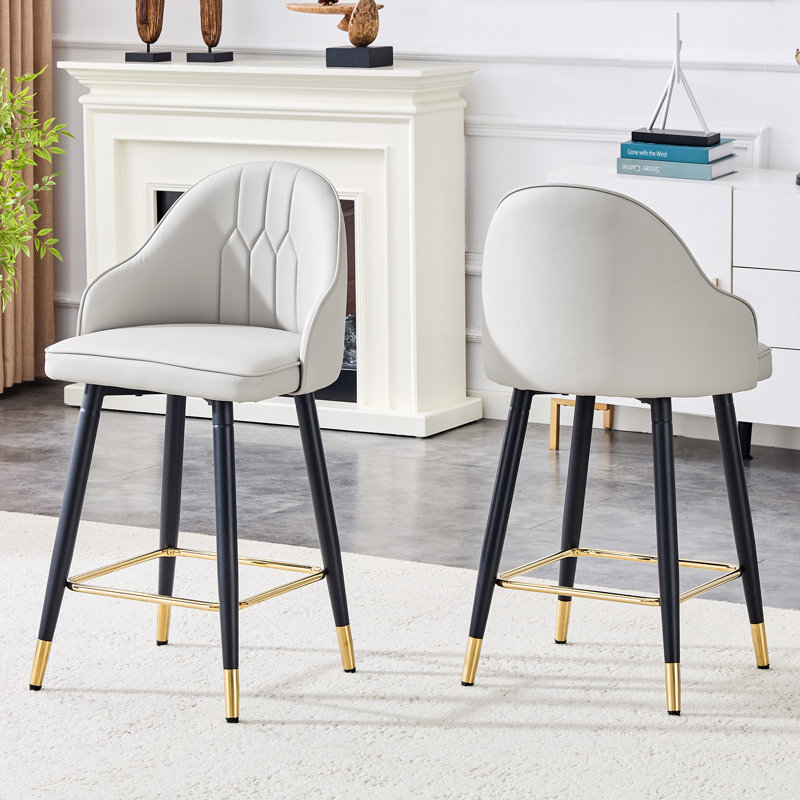 Modern PU Leather Bar Stool With High Back And Gold Footrest, 25" Seat Height, Light Gray, 2