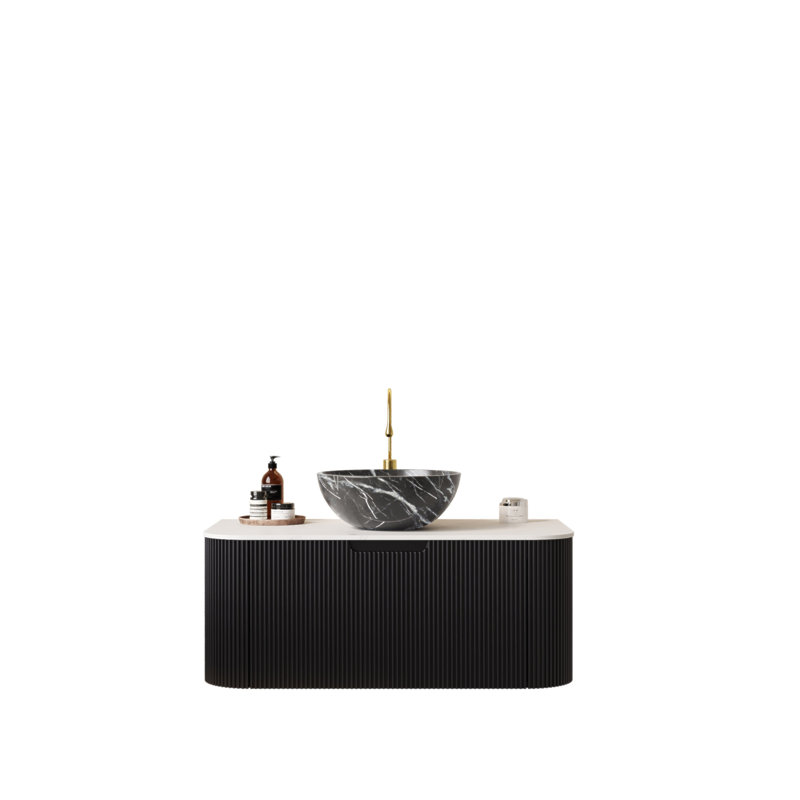 Meuble-lavabo de salle de bain avec lavabo, armoire de rangement de salle de bain murale à bordures courbes et flottantes avec vasque en céramique avec motif de pierre, couleur pré-assemblée