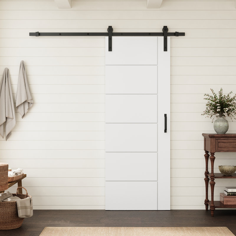 Porte intérieure standard à panneaux plats 6 panneaux 28 po x 80 po, style moderne, en bois massif apprêté blanc, avec ensemble de quincaillerie noire pour porte de grange