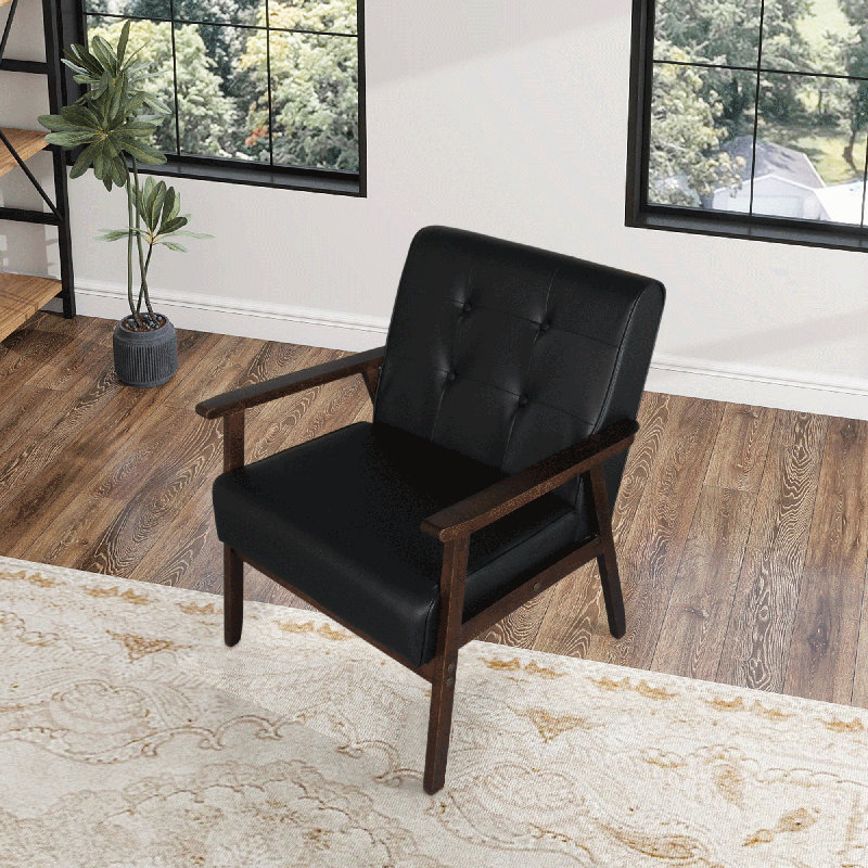Mid-Century Retro Modern Accent Chair Wooden Arm Upholstered Tufted Back Lounge Chairs Seat Size 24.4" 18.3" (Deep) (Square Leg Black)