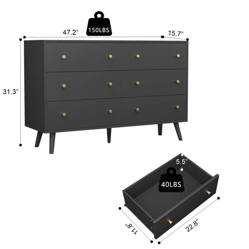 Commode 6 tiroirs Burt, Noir