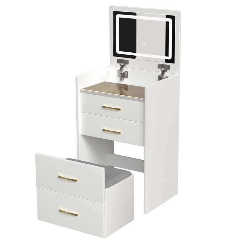 Meuble-lavabo de style américain avec 3 tiroirs et coussin moelleux - chambre blanche avec 1 bureau, miroir rabattable, rangement spacieux pour