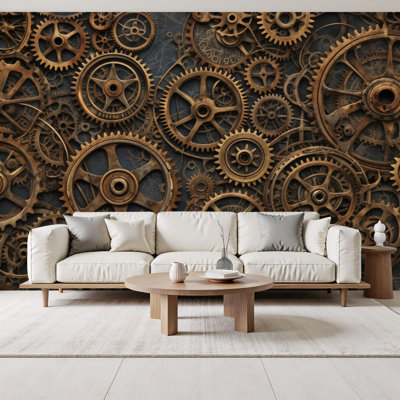 Peel and Stick Wallpaper Steampunk Gear Interlocking Vintage Clockwork Cogs Rustic Bronze Tones Wall Murals 69"H x 96"W Removable PVC Wall Paper Self-Adhesive Wall Decor for Bedroom Living Room Home Office