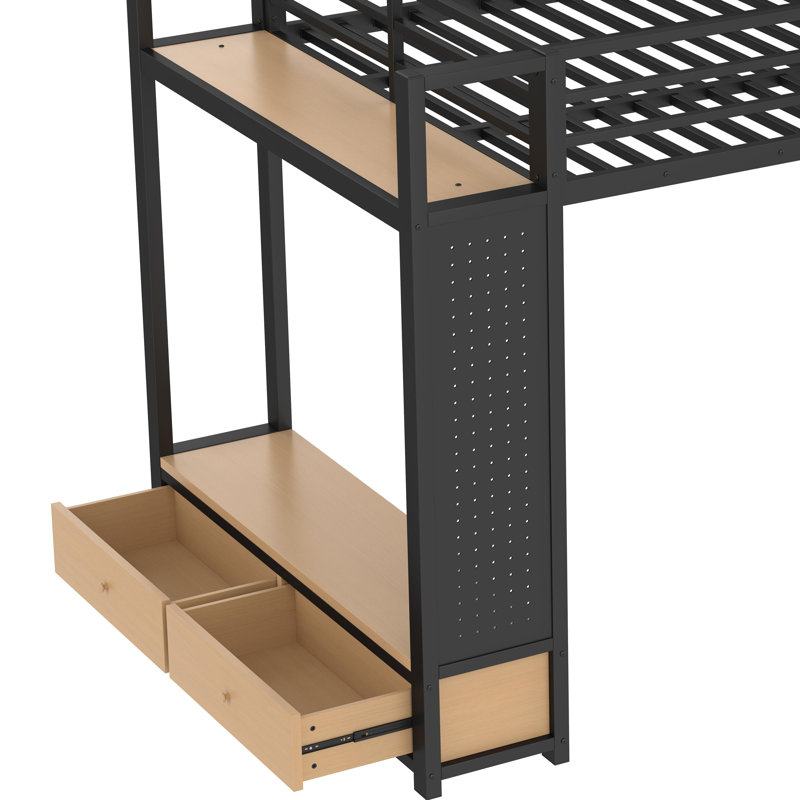 Black Metal Full Size Loft Bed With Pegboard And Shelves, Full