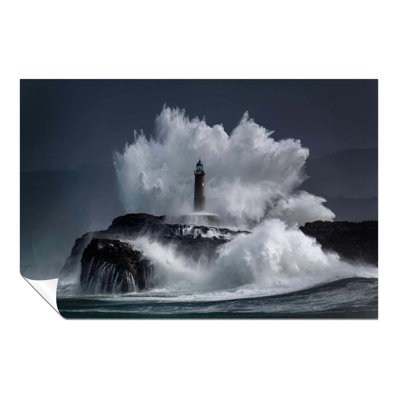 Old Lighthouse And Sea Wave Splash At Night - No Frame Print, 51cm H x 76cm W