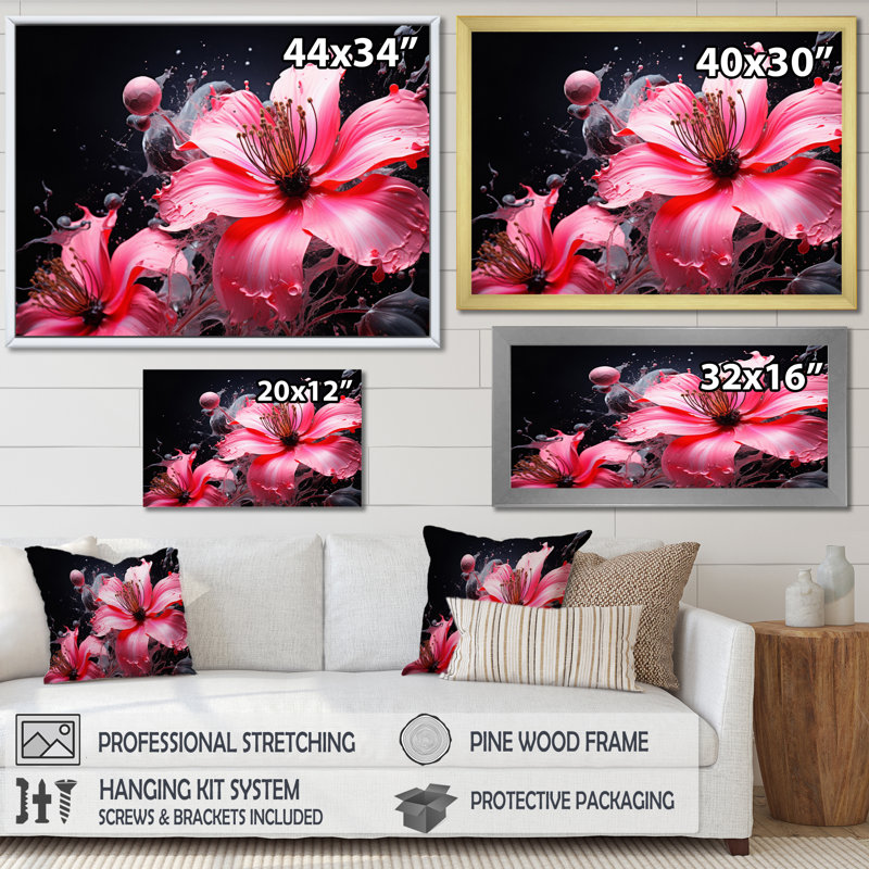 " Pink Black Botanical Symphony ", 16" H x 32" W x 1" D, Gold Picture Framed