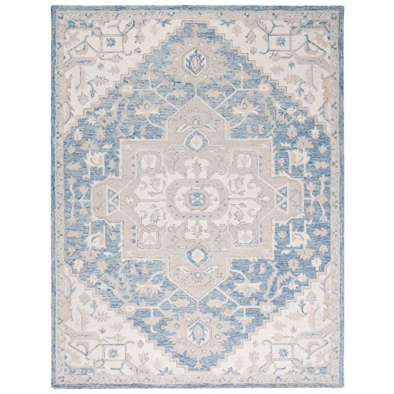 Cyrilmagnin Hand Tufted Wool Cotton Oriental Rug in Ivory/Blue, Rectangle 9' x 12'