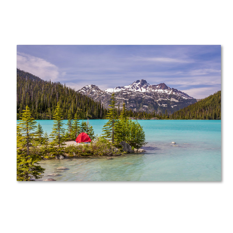 Red Tent on Blue Lake Landscape Canvas Print