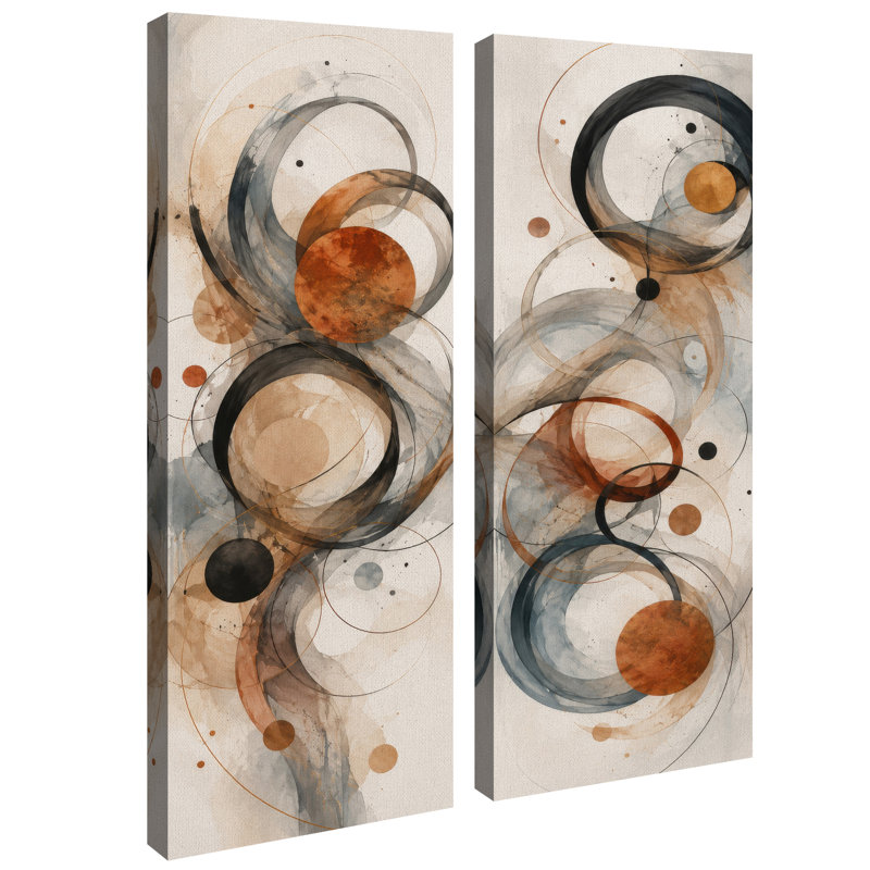 Ensemble de 2 impressions encadrées sur toile, motif abstrait de cercles superposés noirs, gris et orange rouille, 81 x 30 x 5 cm (32 x 12 x 2 pouces).