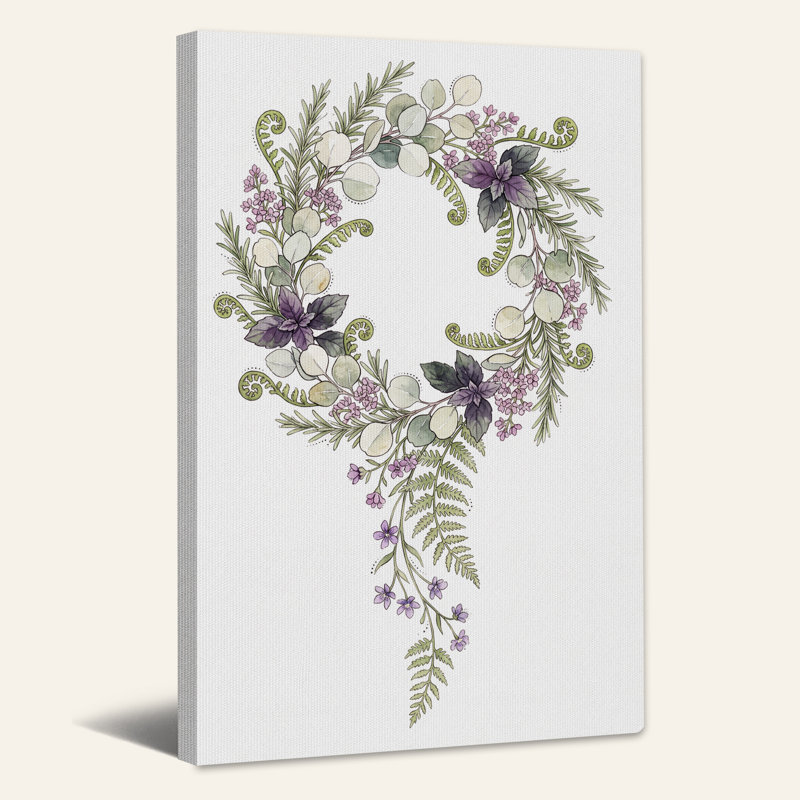 " Purple and Green Watercolor Botanical Wreath " Painting, H 24 po x l 16 po