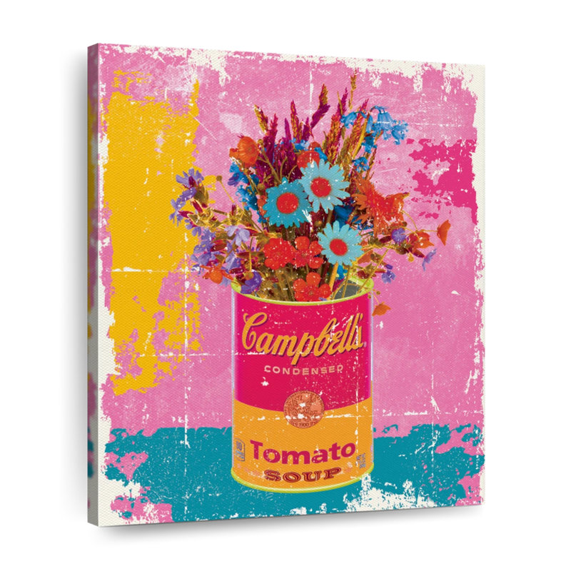 Fleurs sur pot de soupe sur toile, H 15 po x l 12 po x P 1,25 po