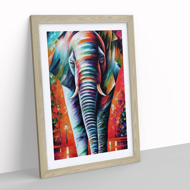 Colourful Elephant No.2 - Wall Art, 66cm H x 48cm W x 2cm D, Oak Framed, White