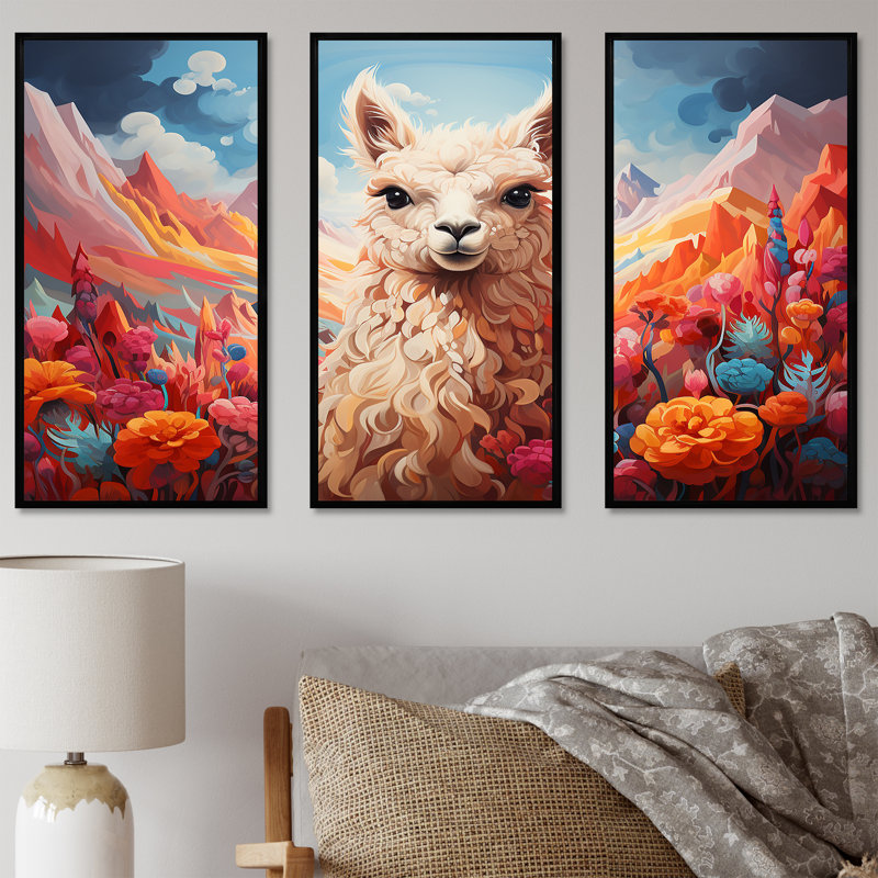 Enchanting Alpaca Valley - Alpaca, art mural, H 28 po x l 36 po x P 1 po, Cadre flottant noir