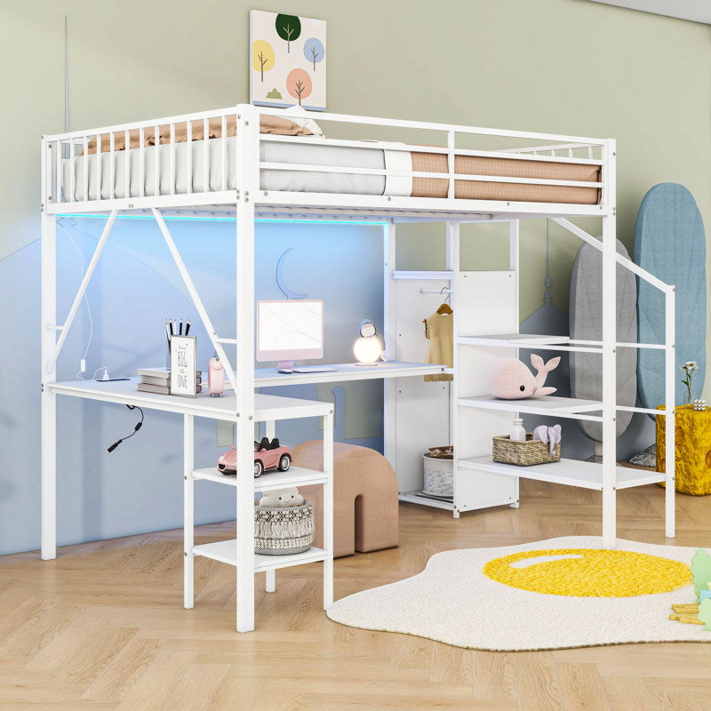 Loft Bed with Wardrobe, L-Shaped Desk, USB Ports, LED Lights, Storage Shelves and Staircase