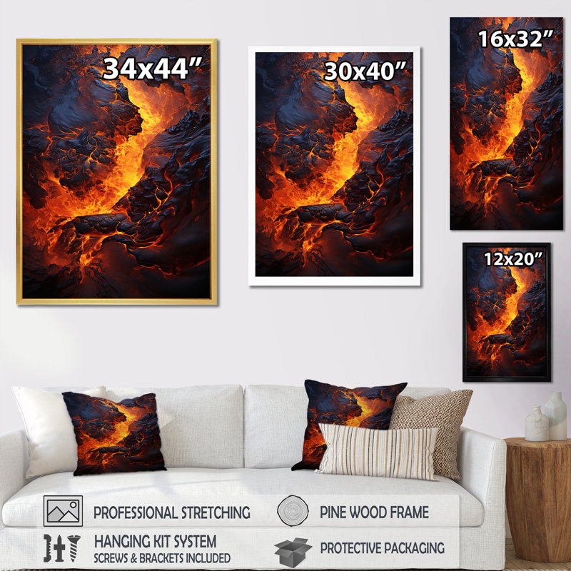 Volcan Éternelle lave sur toile, Cadre flottant noir, H 32 po x l 16 po x P 1 po