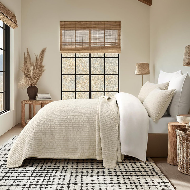 Cross Stitch Cotton Quilt set, Flax Beige, Oversized CalKing Quilt+2Oversized Cal King Shams