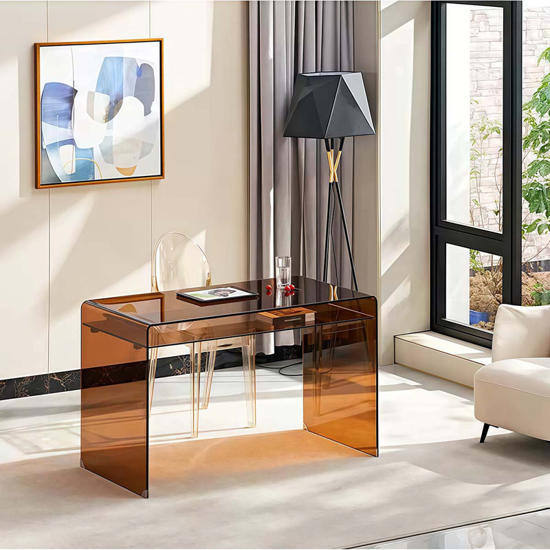 Orren Ellis Tempered glass desk, dark brown glass desk