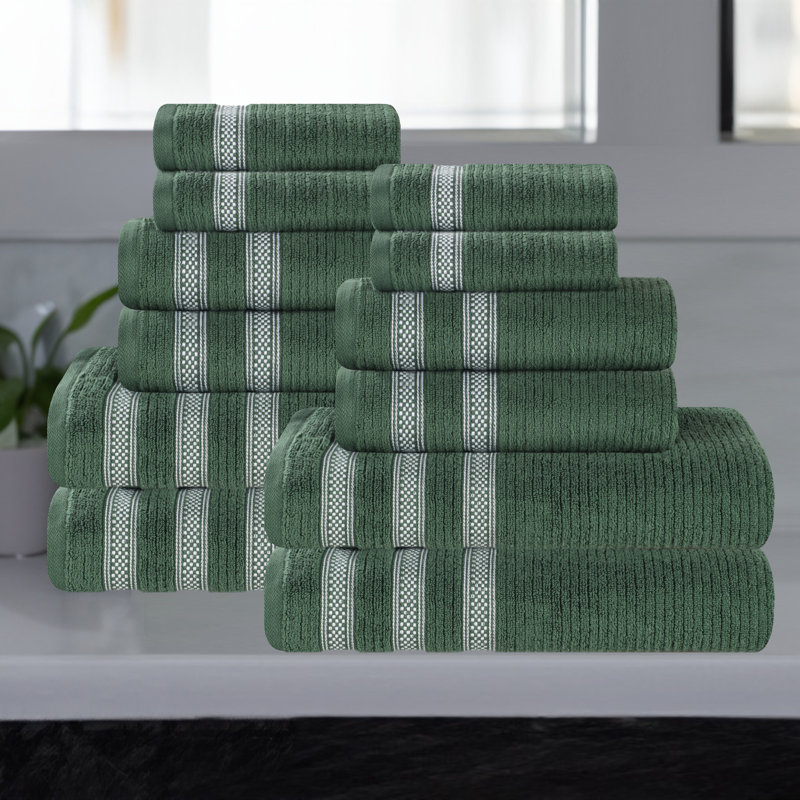 Ensemble de serviettes de bain 12 pièces à bordure géométrique en coton doux et très absorbant Orletta, Vert forêt