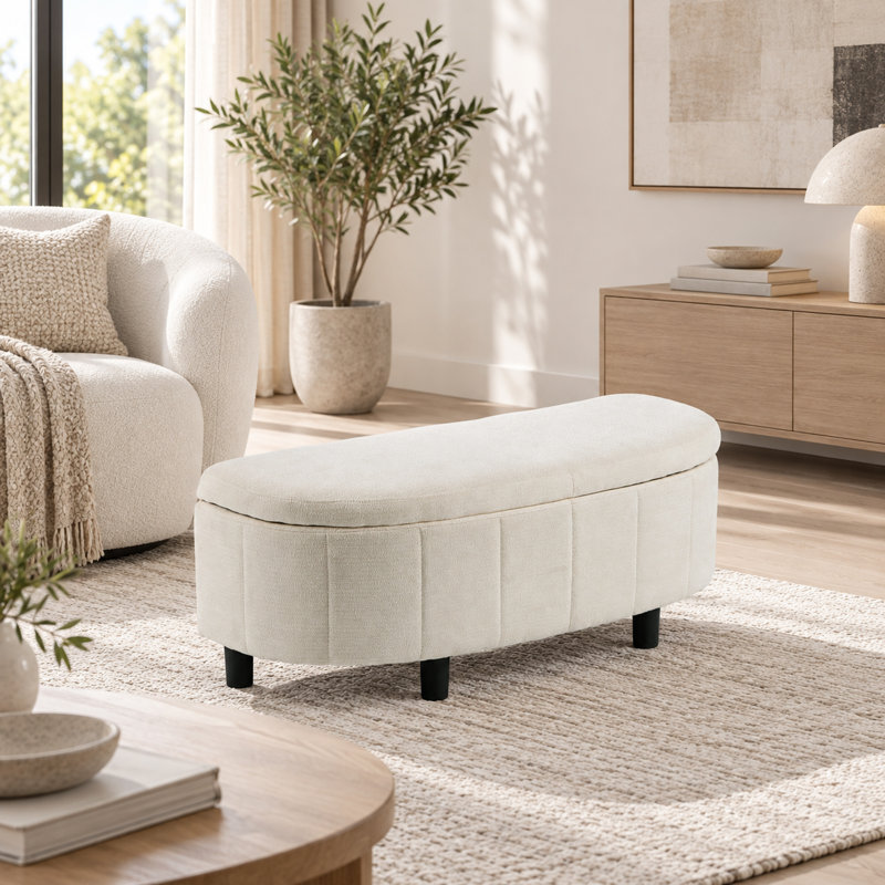 Repose-pieds semi-rond avec rangement, tissu chenille, plateau relevable, blanc crème
